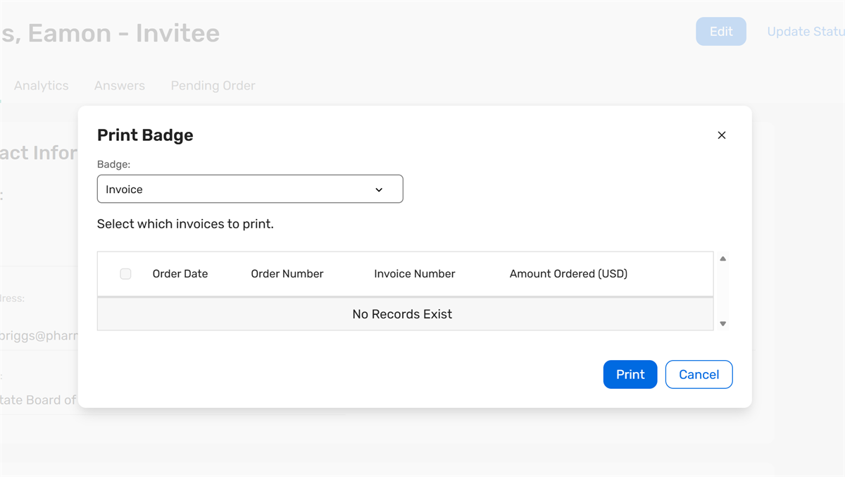 Screenshot showing that when I try to select an attendee's record to get an invoice it says 